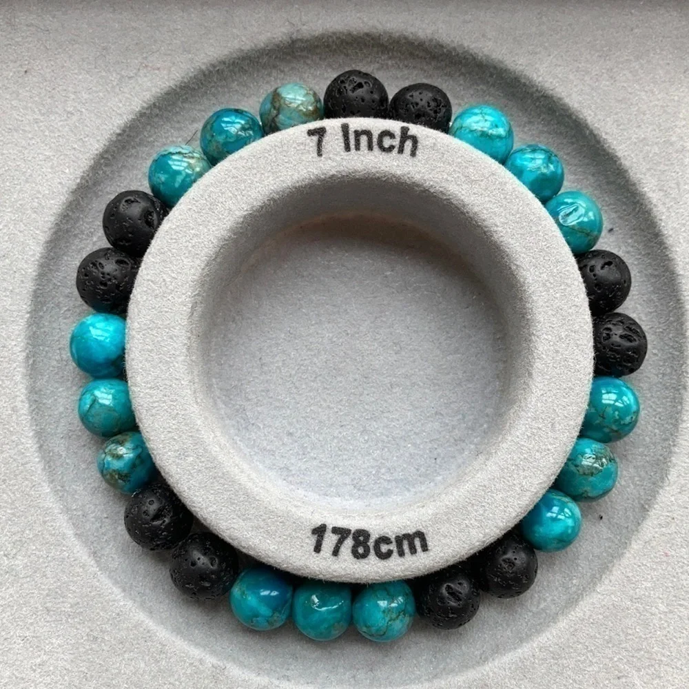 Stretch Beaded Bracelet Cyan Blue Turquoise and Lava Stone Beads - Picture 4 of 10